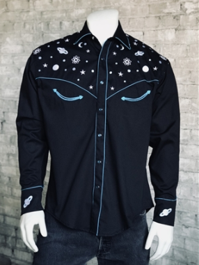 Rockmount Ranch Wear Mens Vintage Western Shirt Western Planet Earth Black Front