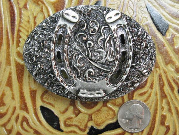 Rockmount Ranch Wear Accessory Oval Trophy Buckle Horseshoe Antiqued Front