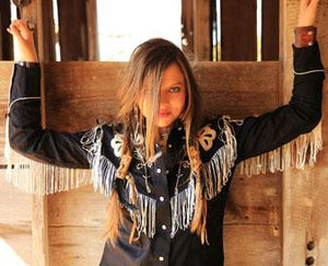 Vintage Inspired Western Shirt Ladies Rockmount Fringe Black on Model