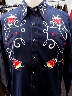 Vintage Inspired Western Shirt Ladies Art Deco Tulip Navy Front