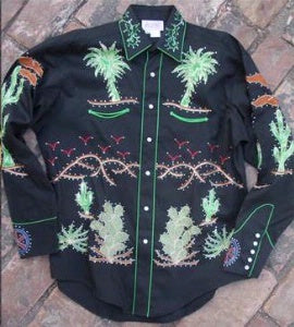 Rockmount Ranch Wear Ladies' #7755 Palm Trees Wagon Wheel Shirt Black Front