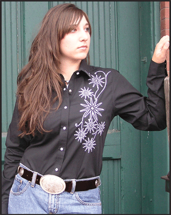 White Horse Apparel Women's Western Shirt Embroidered Rowell Design on Model