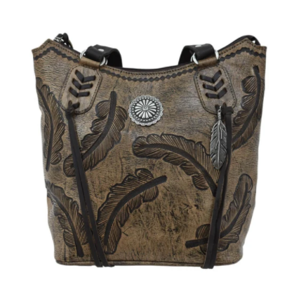 American West Handbag Sacred Bird Collection Zip Top Tote Charcoal Brown/Turquoise Front