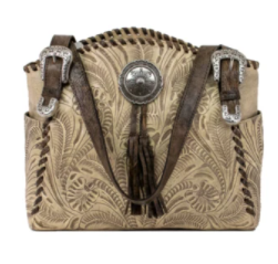 American West Lariats & Lace Zip Top Tote with Secret Compartment Distressed Charcoal Brown