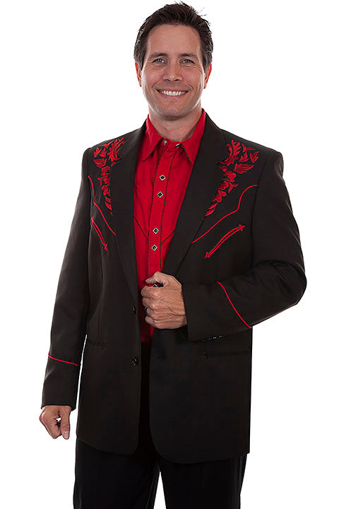 Men's Scully Western Blazer Crimson Red Floral Embroidery on Black 