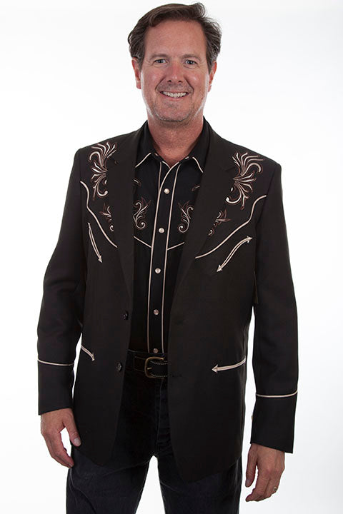 Scully Men's Western Blazer woth Floral Scroll Embroidery Black Front