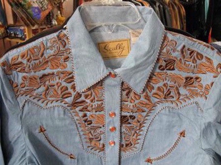 Vintage Inspired Western Shirt Ladies Scully Gunfighter Rust Blue Front Yoke XS-2XL