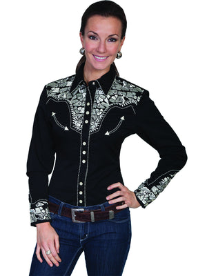 Vintage Inspired Western Shirt Ladies Scully Gunfighter Silver Black Front S-2XL