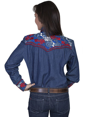 Vintage Inspired Western Shirt Ladies Scully Gunfighter Denim Multi Color Back XS-2XL