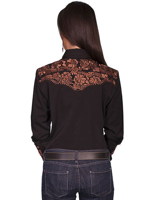 Vintage Inspired Western Shirt Ladies Scully Gunfighter Rust Black Back XS-2XL