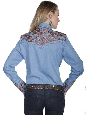 Vintage Inspired Western Shirt Ladies Scully Gunfighter Rust Blue Back XS-2XL