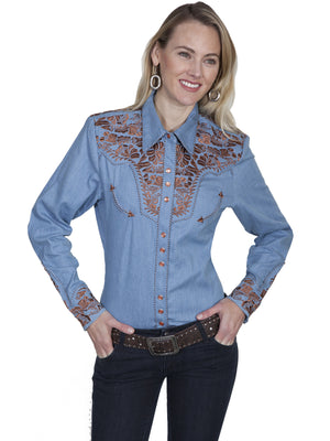 Vintage Inspired Western Shirt Ladies Scully Gunfighter Rust Blue Front XS-2XL