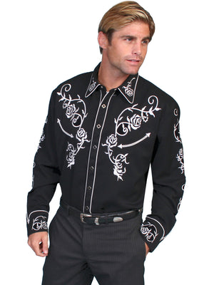 Vintage Inspired Western Shirt Scully Mens Roses and Vine Silver on Black Front View