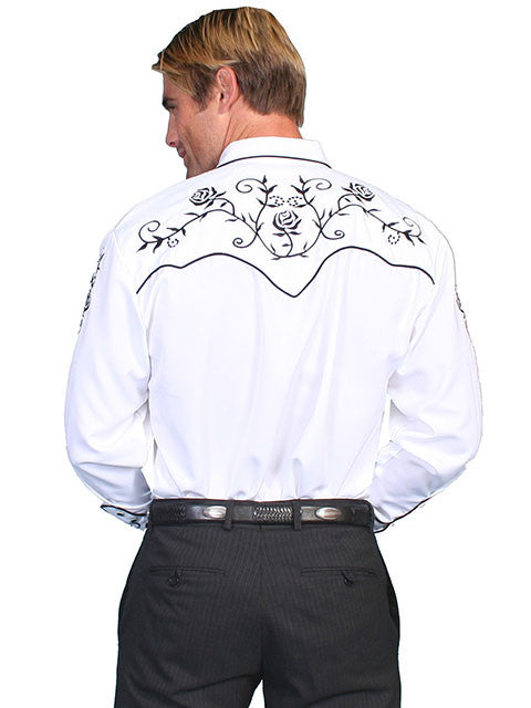 Vintage Inspired Western Shirt Scully Mens Roses and Vine Black on White Back View