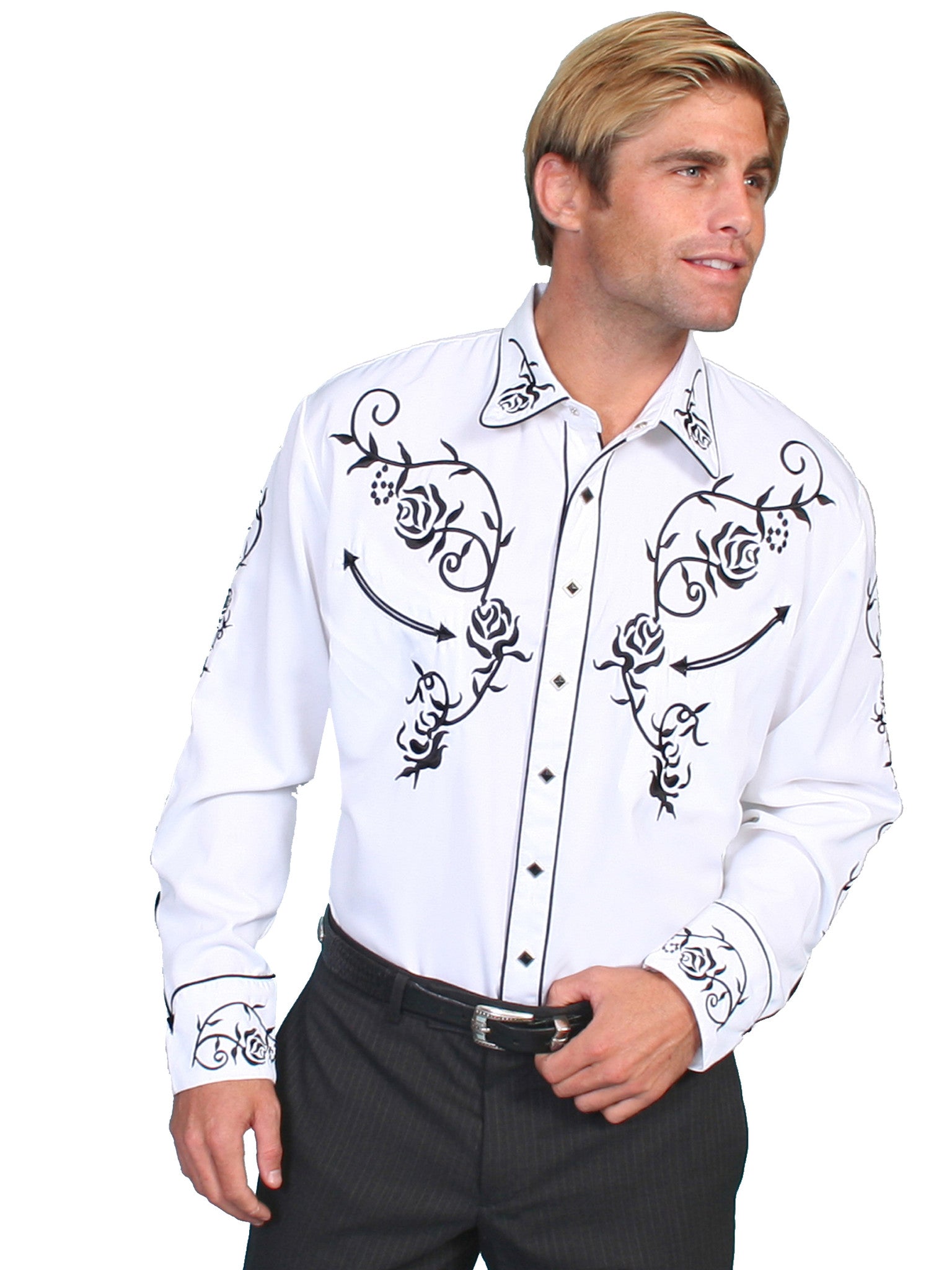 Vintage Inspired Western Shirt Scully Mens Roses and Vine Black on White Front View