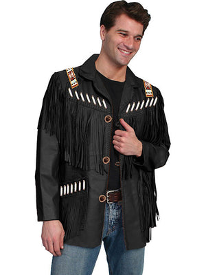 Scully Mens Fringe, Beads, Epualets Jacket, Black Front View