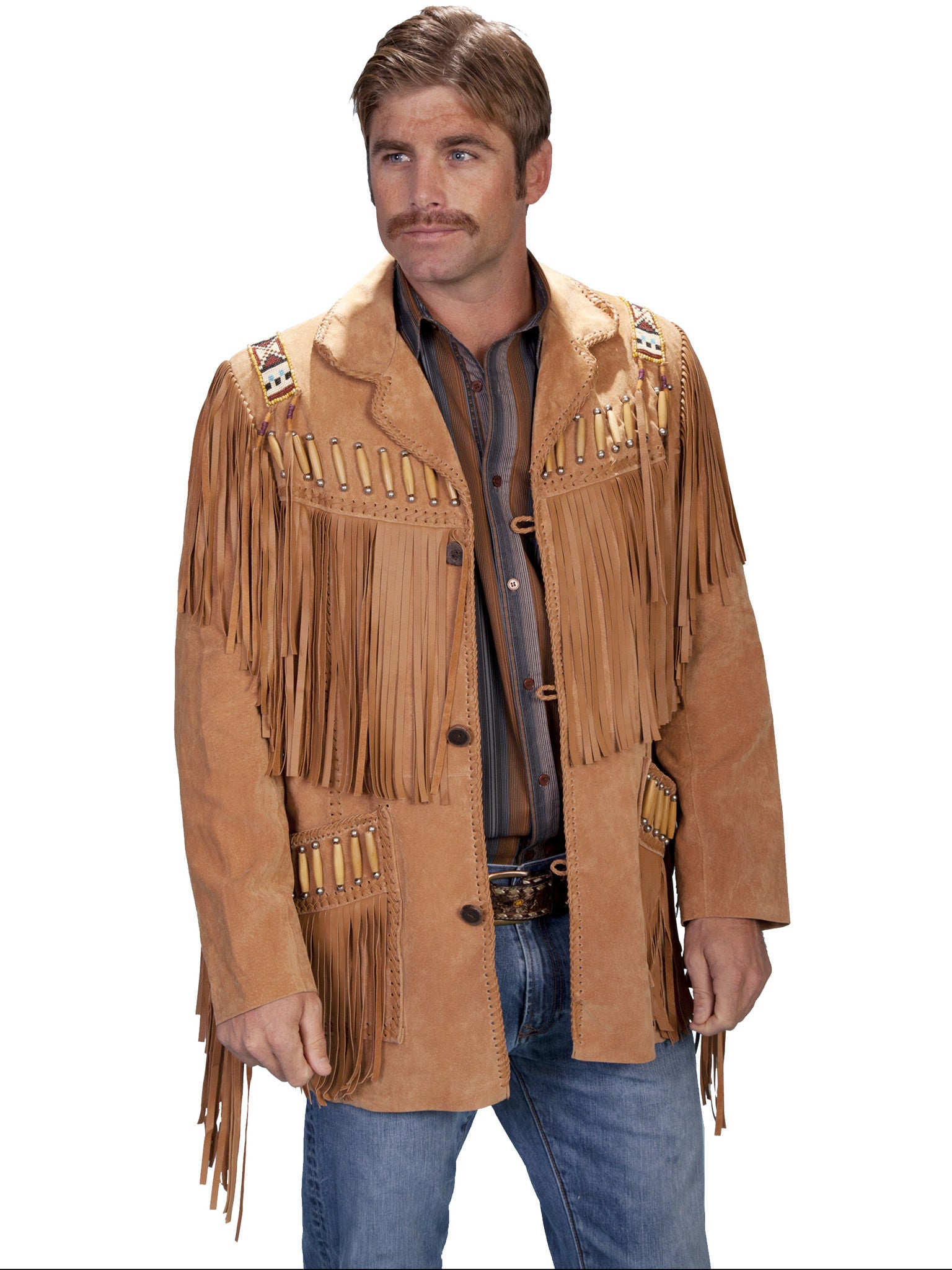 Scully Mens Fringe, Beads, Epaulets Jacket, Golden Tan Front View