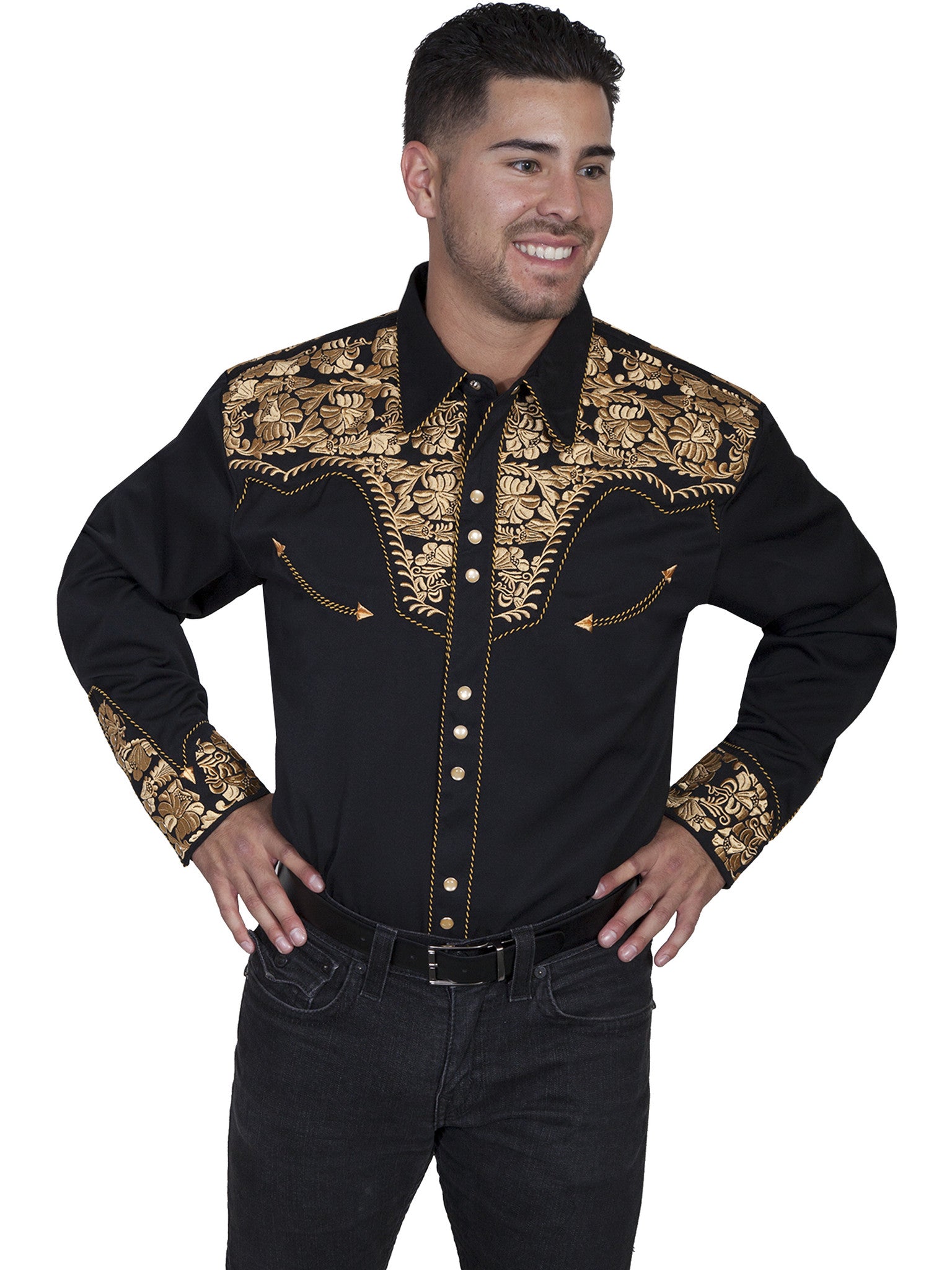 men's black and gold dress shirt Scully Floral Tooled Embroidered Western L Viral online dress debate 100% Polyester RS-week0223_20230108 Color:white-blue
