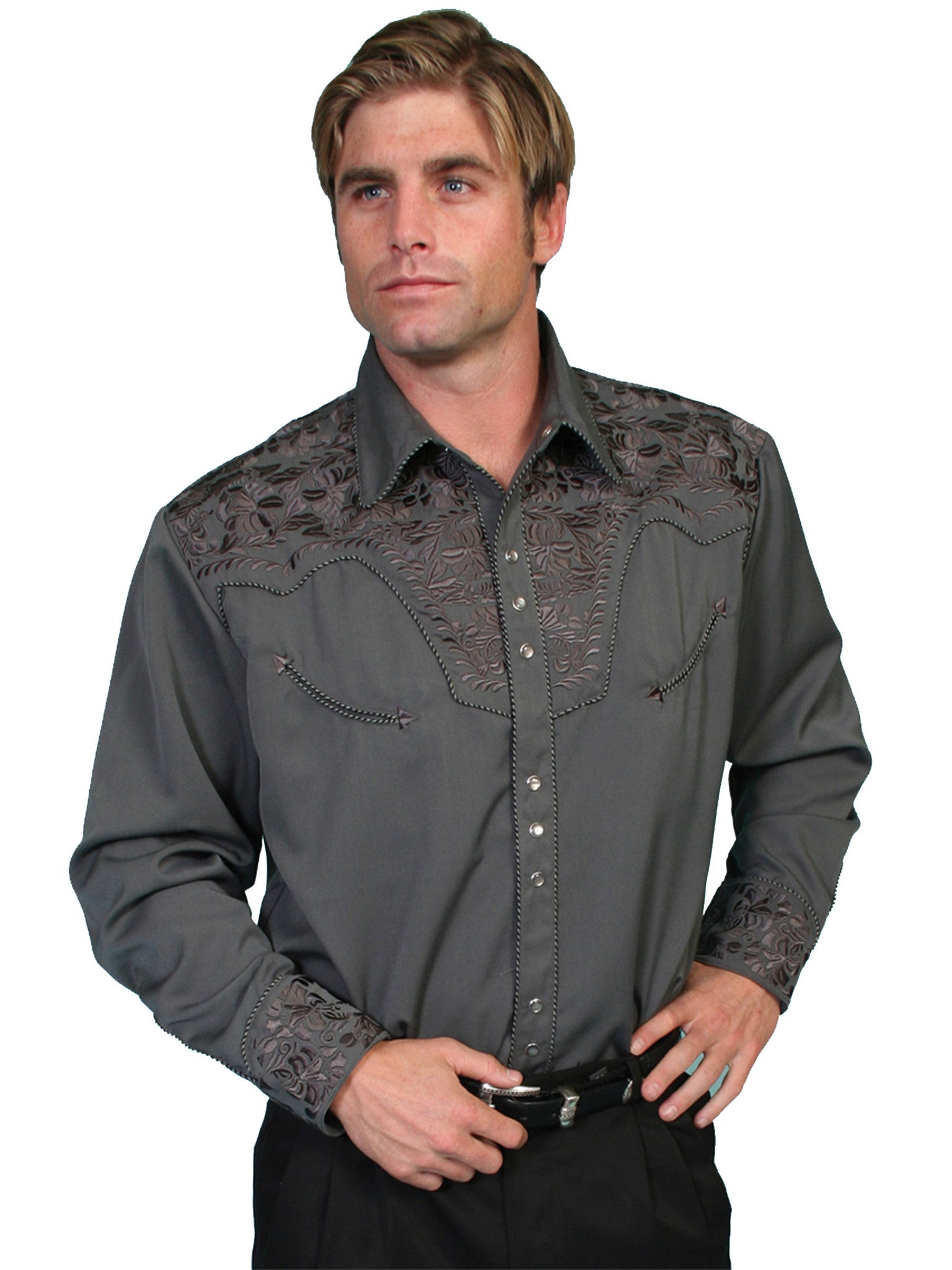 Vintage Inspired Western Shirt Mens Scully Gunfighter Charcoal Front