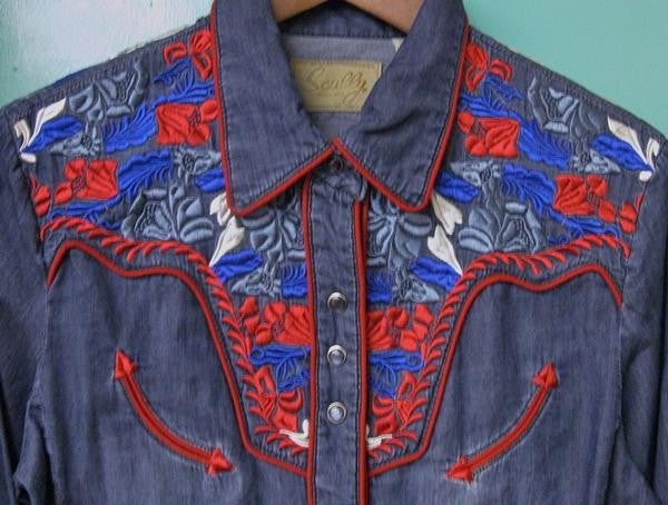 Vintage Inspired Western Shirt Ladies Scully Gunfighter Denim Multi Color Front XS-2XL