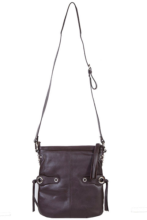 Scully Leather Co. Shoulder Leather Bag with Side Tassels Brown on Model