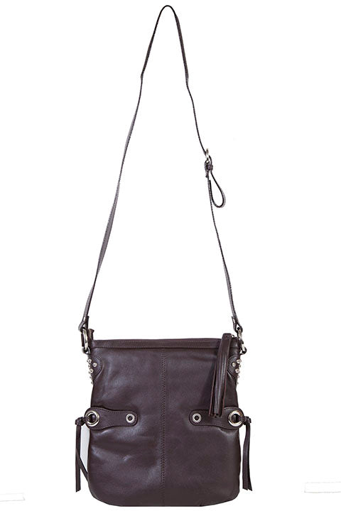 Scully Leather Co. Shoulder Leather Bag with Side Tassels Brown Side