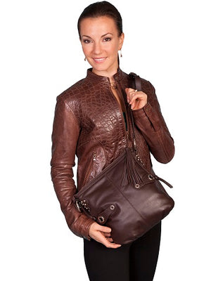 Scully Leather Co. Shoulder Leather Bag with Side Tassels Brown on Model