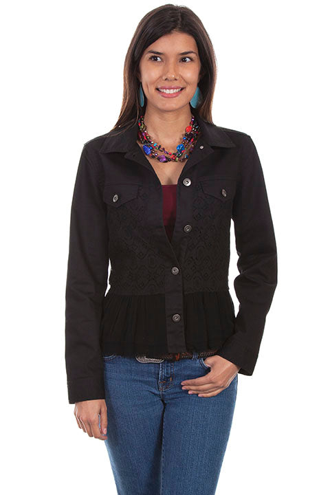 Scully Honey Creek Ladies' Denim Jean Jacket with Lace Insert Black Front