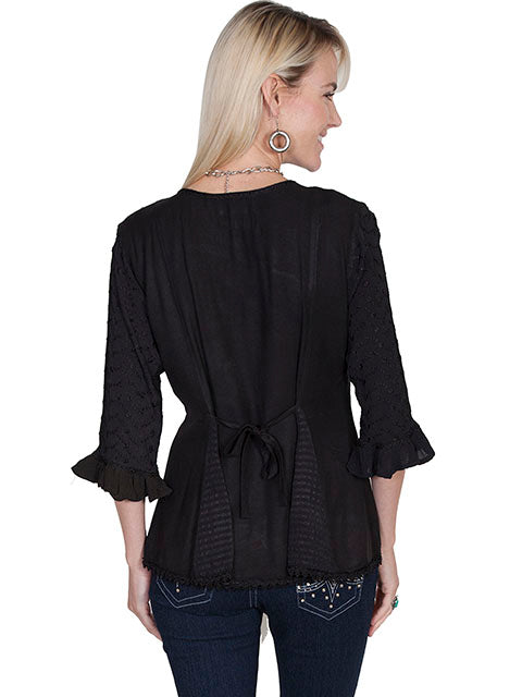 Honey Creek Blouse with 3/4 Sleeves, Ruffles, Buttons Black Back XS-2XL