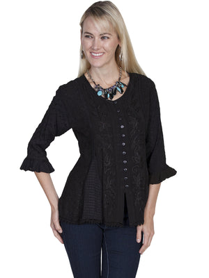 Honey Creek Blouse with 3/4 Sleeves, Ruffles, Buttons Black Front XS-2XL