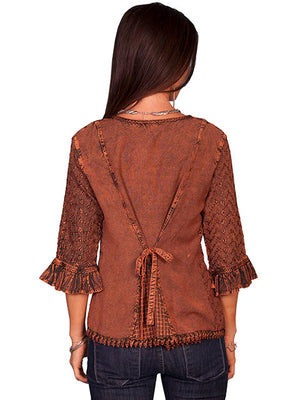 Honey Creek Blouse with 3/4 Sleeves, Ruffles, Buttons Copper Back XS-2XL