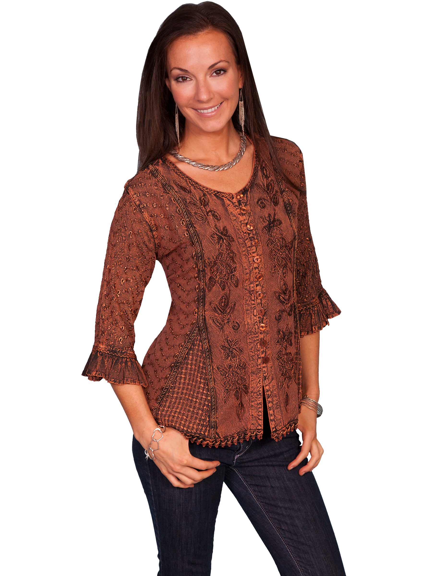 Honey Creek Blouse with 3/4 Sleeves, Ruffles, Buttons Copper Front XS-2XL