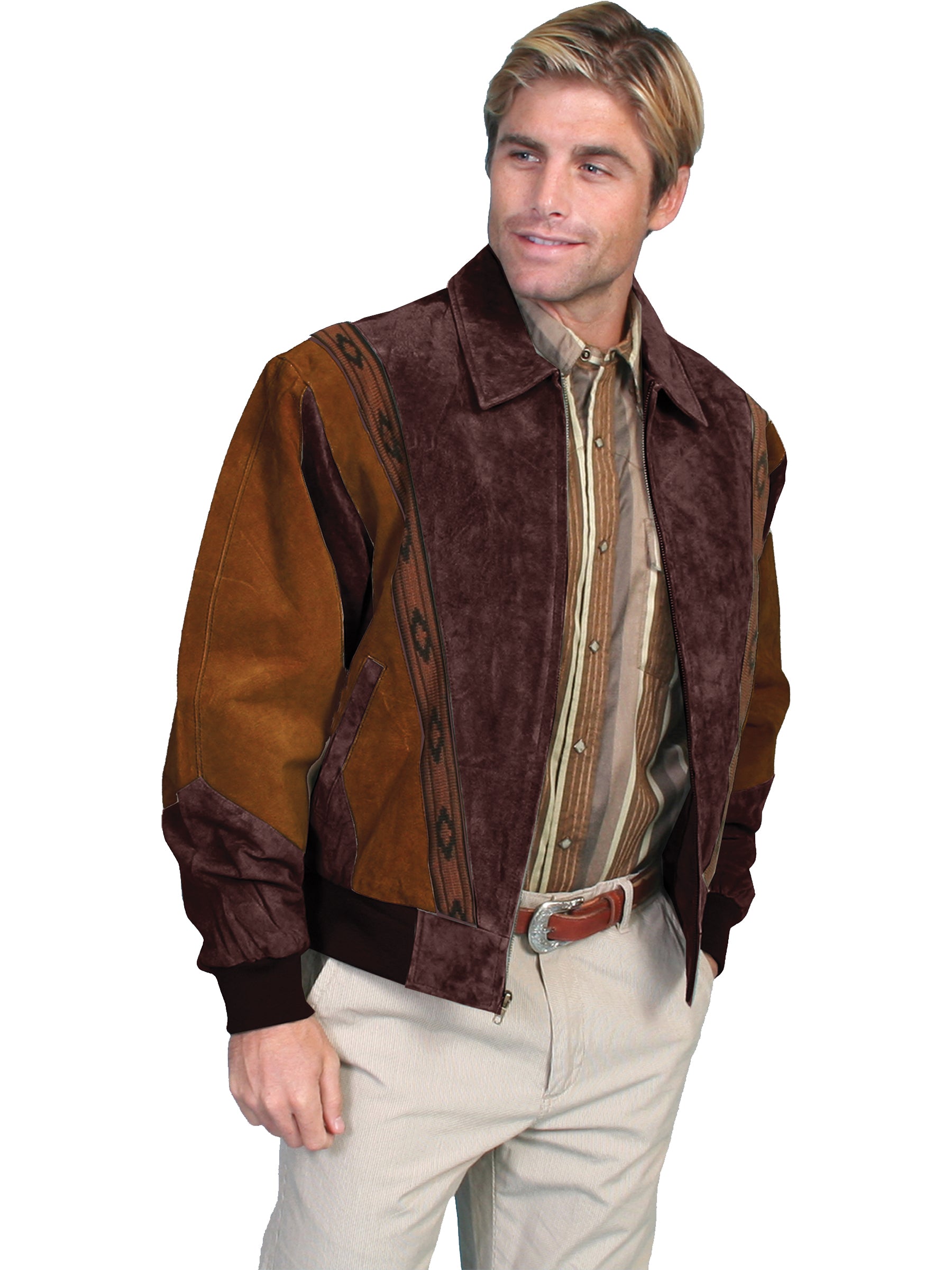 Scully Men's Two Tone Boar Suede Zip Front Jacket Cafe Brown/Chocolate Front