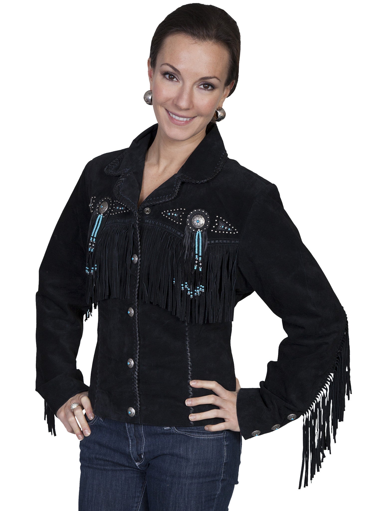 Scully Women's Suede Jacket with Fringe, Conchos, Beads Black Front 