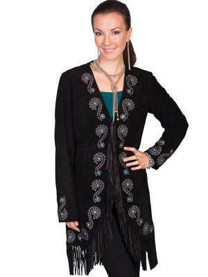 Scully Women's Suede Coat with Embroidery, Studs, Turquoise Accents Black Front View