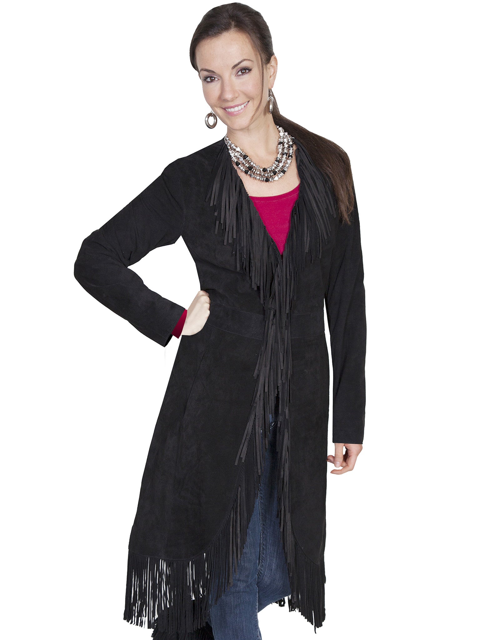 Scully Women's Western Maxi Coat with Abundant Fringe Black Front