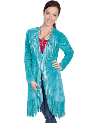 Scully Women's Western Maxi Coat with Abundant Fringe Turquoise Front
