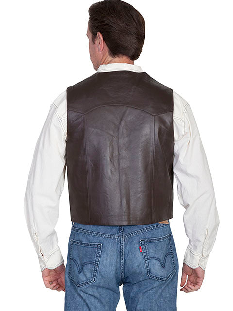 Scully Men's Western Lambskin Vest with Lapels, Snaps, Brown Back View