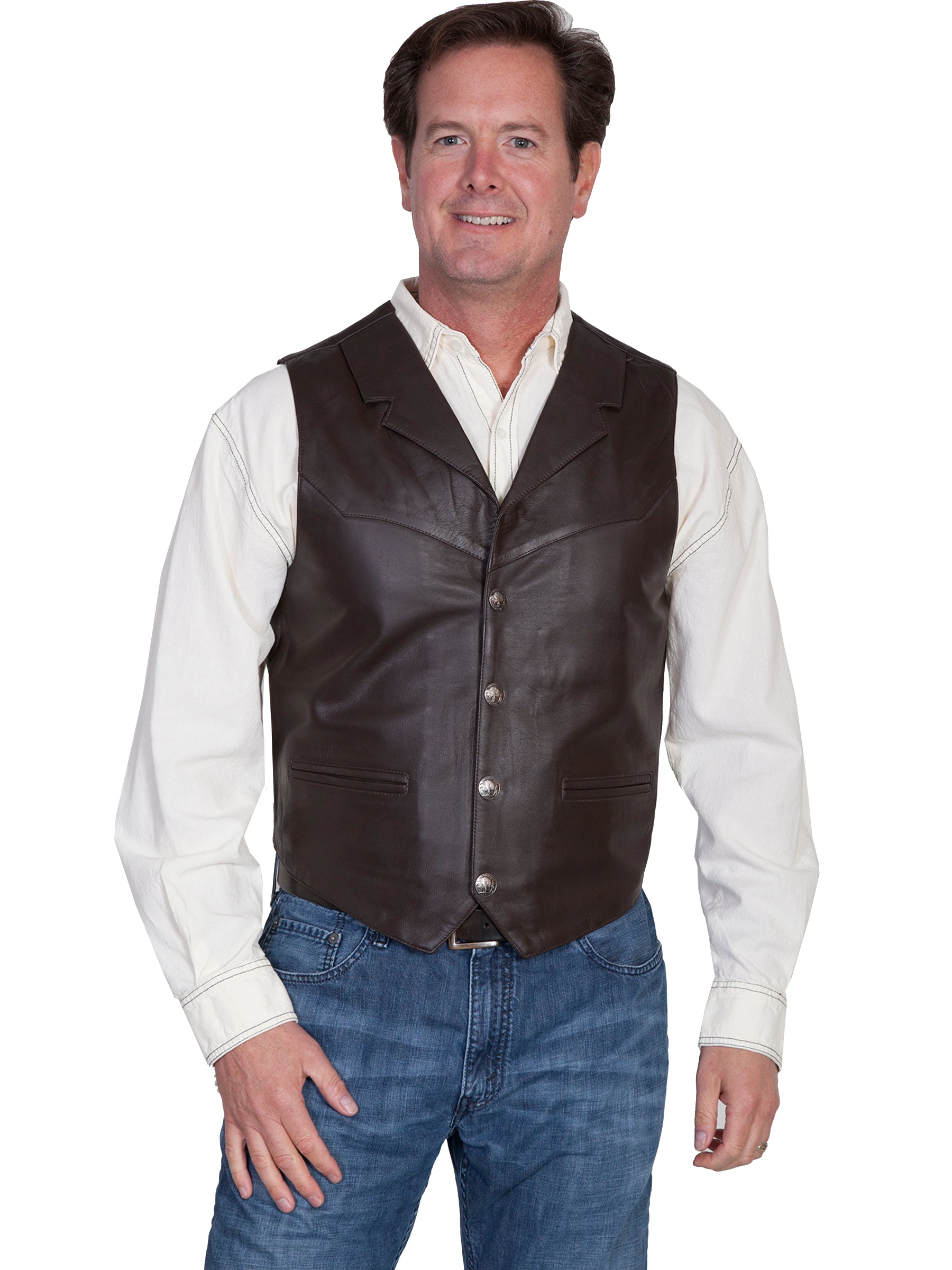 Scully Men's Western Lambskin Vest with Lapels, Snaps, Brown Front View