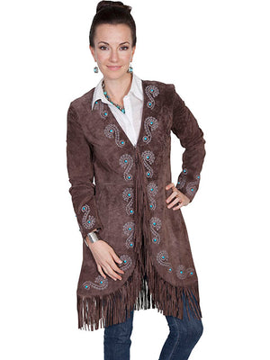 Scully Women's Suede Coat with Embroidery, Studs, Turquoise Accents Exspresso Front View