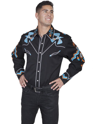 Vintage Inspired Western Shirt Scully Mens Thunderbird Phoenix Black Body Front