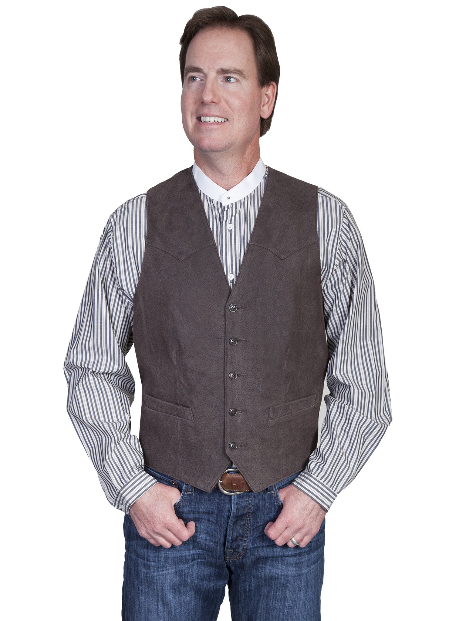 Scully Mens Western Vest Lamb w 5 Button Front, Brown Front View