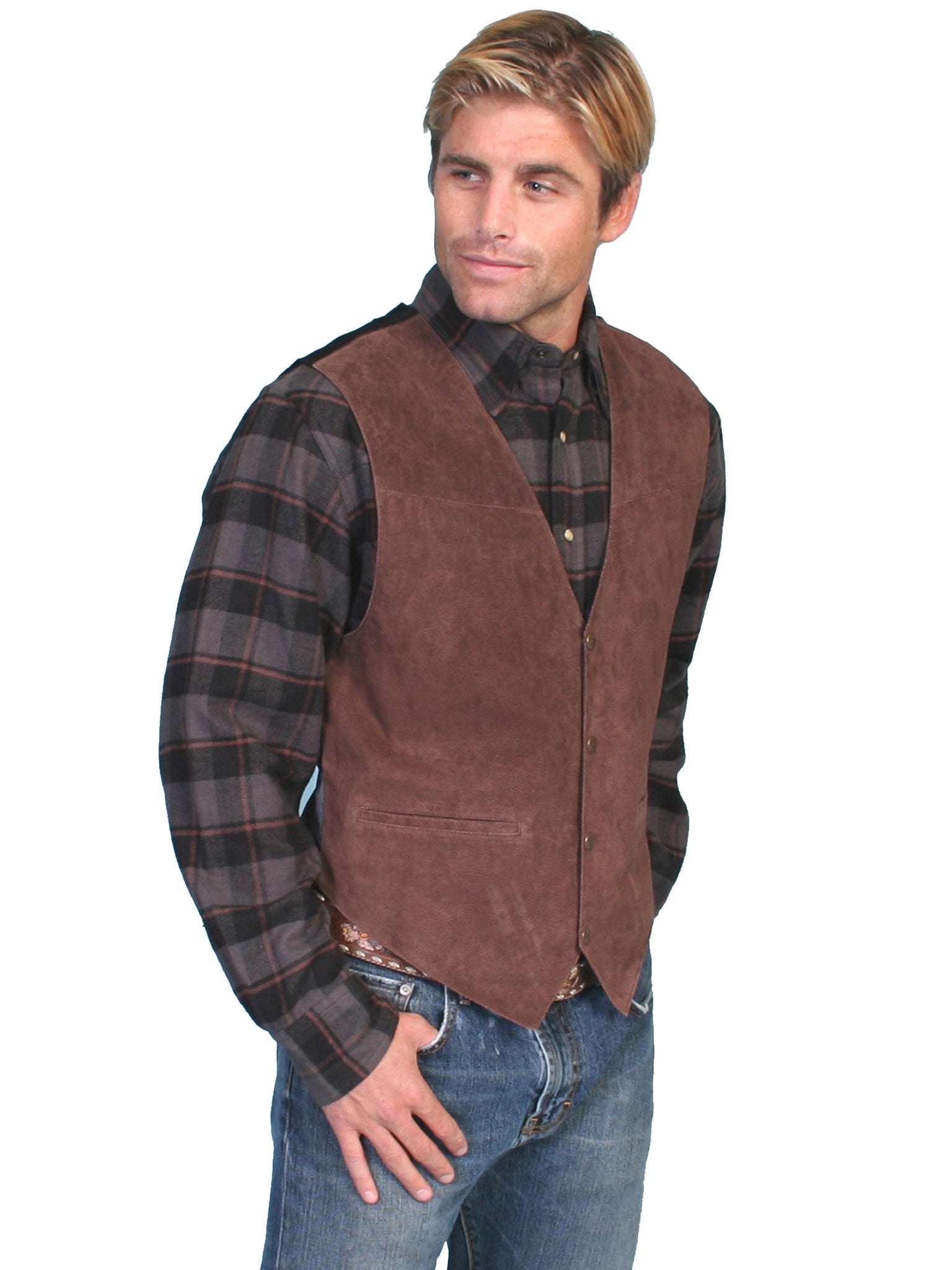 Scully Men's Western Vest Boar Suede, Satin Back, Snaps, Expresso Front View