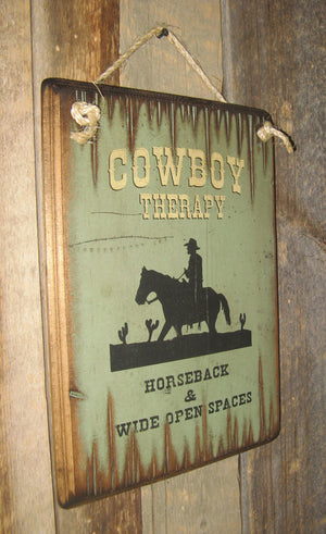 Western Wooden Wall Sign: Cowboy Therapy Horseback and Wide Open Spaces Left Side
