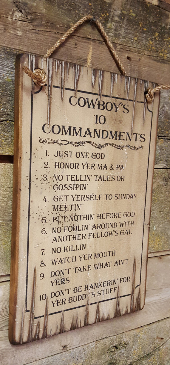 Western Wall Sign Faith: Cowboy Ten Commandments Natural Left Side