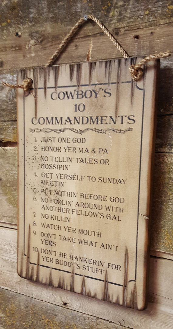 Western Wall Sign Faith: Cowboy Ten Commandments Natural