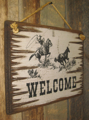 Western Wall Sign Business: Welcome with Roping Cowboy Left Side