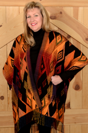 Rhonda Stark Italian Acrylic Knit Shawl Sunset Diamond Pattern with Fringe, Back