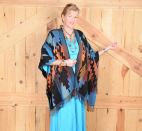 Rhonda Stark Italian Acrylic Knit Shawl Thunderbird Pattern with Fringe