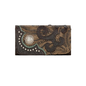 American West Annie's Secret Tri-Fold Wallet Tooled Decorated Brown